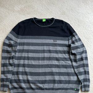 BOSS MENS BLACK GREY STRIPPED LONG CREWNECK SWEATER  IN XXXL